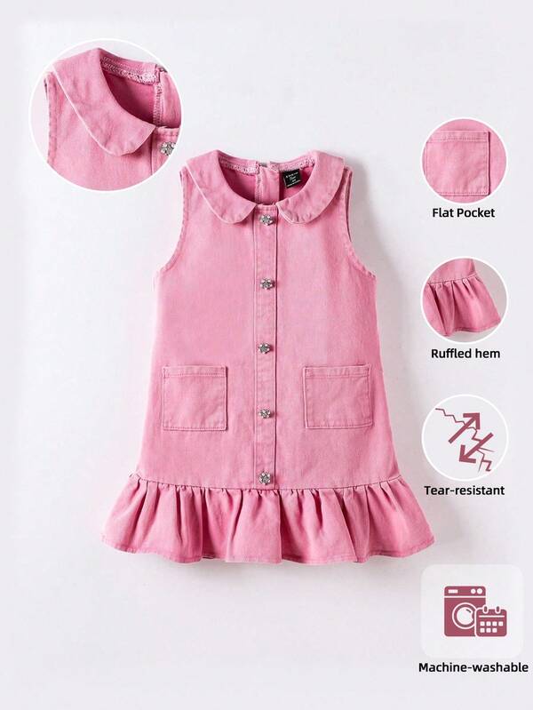 SHEIN Young Girl Frill Trim Cute Denim Dress,Holiday,Summer,Travel