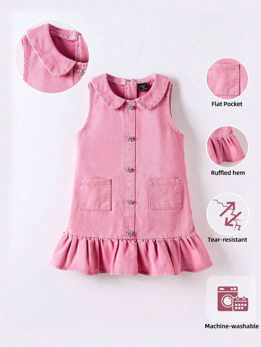 SHEIN Young Girl Frill Trim Cute Denim Dress,Holiday,Summer,Travel