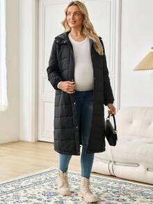 SHEIN 孕妇纯色长袖拉链长款连帽休闲冬季夹克 - 黑色 - 查看 6