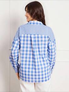 Miaspire 女士格子拼接落肩优雅衬衫 - 藍白色 - 查看 2
