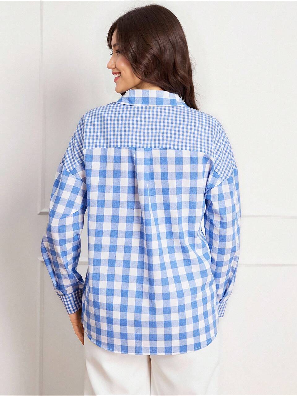 Shirts Women's Plaid Splice Drop Shoulder Elegant Blouse