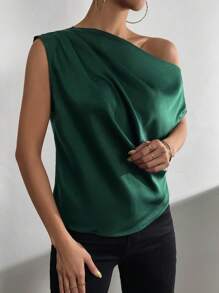 Chiquease Solid Asymmetrical Neck Satin Blouse One Shoulder Top