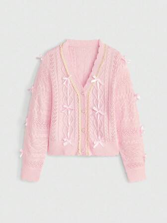 Kawaii Cardigan tricoté avec nœud papillon, col en V et bordure en dentelle, style scolaire mignon et féminin pour femmes