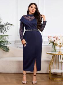 Modelyn 大码女式立领撞色蕾丝长袖开衩下摆优雅连衣裙 - 藏蓝色 - 查看 5