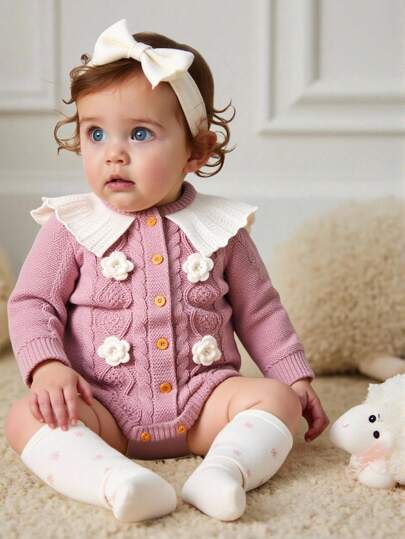 SHEIN Vintaside Kids 1pc Fashionable Peter Pan Collar Baby Knitted Bodysuit, With 3D Floral Decoration, Long Sleeve One-Piece Triangle Bodysuit, Sweet Princess Style For Baby Girl Knit Sweater Baby Girl Cardigan Sweater Baby Girl Knitted Outfits Baby Girl Sweater Bodysuit Baby Girl Cable Knit Sweater Fall Baby Girl Clothes Winter Outfit For Baby Girl Autumn Clothes Autumn Clothes  Winter Clothes Baby Autumn Sweater Clothes