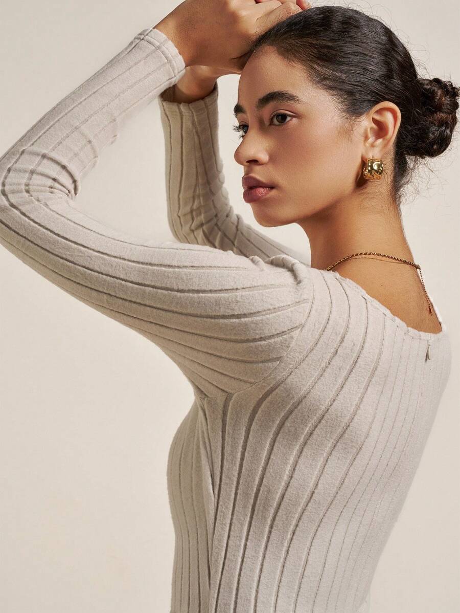 INAWLY Mono de punto ajustado de manga larga y unicolor casual para mujer