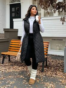 SHEIN EZwear 加大码可调节腰部抽绳宽松长款夹克，加厚，适合秋冬 - 黑色 - 查看 6