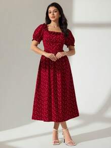 Modelyn 女士方领荷叶边腰短款泡泡袖波点中长连衣裙，酒红色 - 酒紅色 - 查看 5