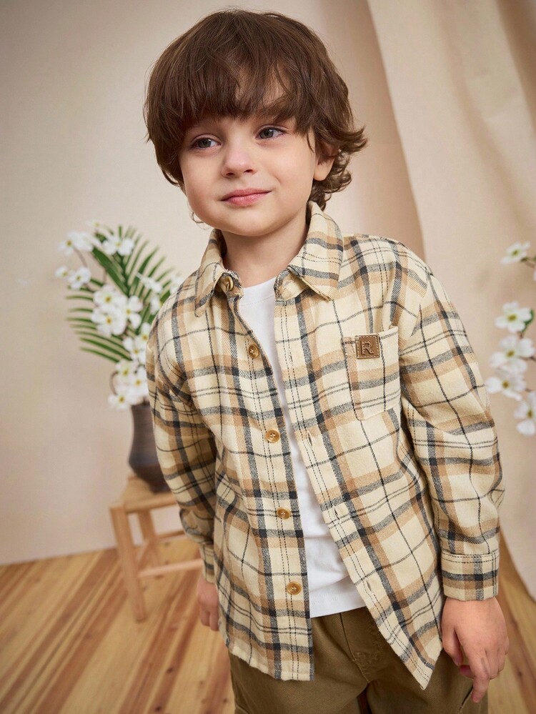 Loomiva 1 件儿童男童休闲格子领前开襟长袖梭织衬衫，男童休闲衬衫，男童格子衬衫，返校，男童长袖衬衫，男童舒适休闲衬衫，适合夏季学校日常穿着 - 軍綠色 - 查看 5