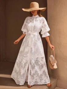 EURMUSE 白色蕾丝长裙，高领泡泡袖 - 饰有精致的透明花卉蕾丝、腰部系带和褶边袖口细节，正面采用纽扣设计，呈现优雅而女性化的外观，非常适合婚礼、花园派对或浪漫的夏季服装 - 白色 - 查看 6