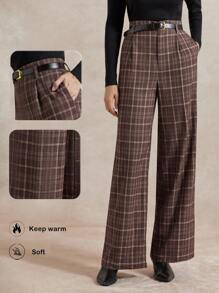 Briarwyn 女士时尚格子直筒裤，适合通勤 - 棕色 - 查看 5