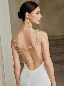 Anewsta 性感细肩带珍珠链露背美人鱼下摆连衣裙，海滩度假风格 - 白色 - 查看 1