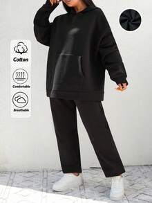 SHEIN Cottnline Cotton Plus Pocket Drop Shoulder Hoodie & Sweatpants - Black - View 2