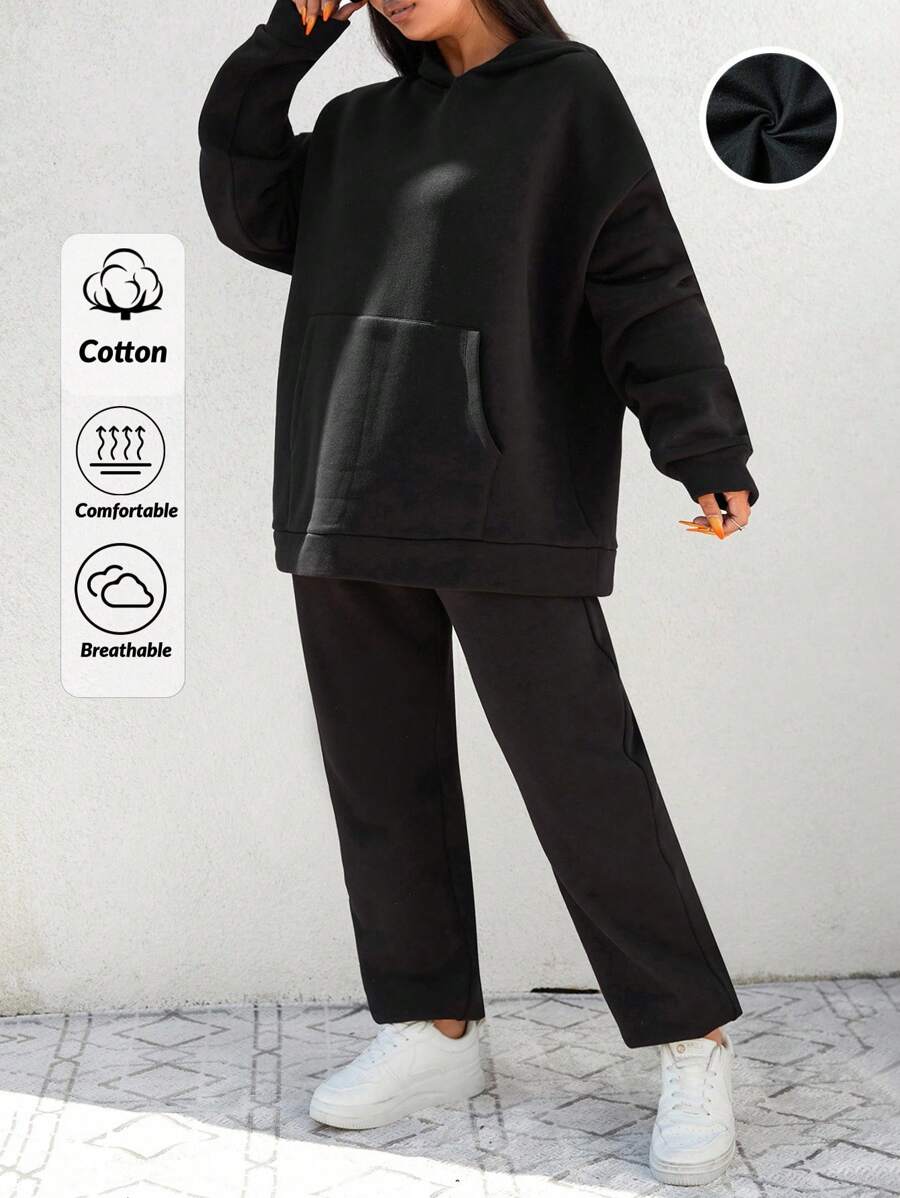 SHEIN Cottnline Cotton Plus Pocket Drop Shoulder Hoodie & Sweatpants