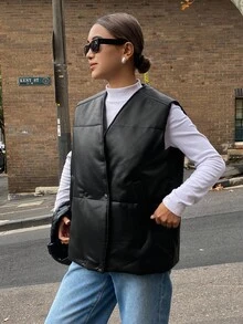 DAZY Women's Padded Vest Jacket, New Fashion Loose V-Neck Solid Color Casual Street Side Pocket Thickened Waistcoat Winter Leather Jacket - Black - View 6