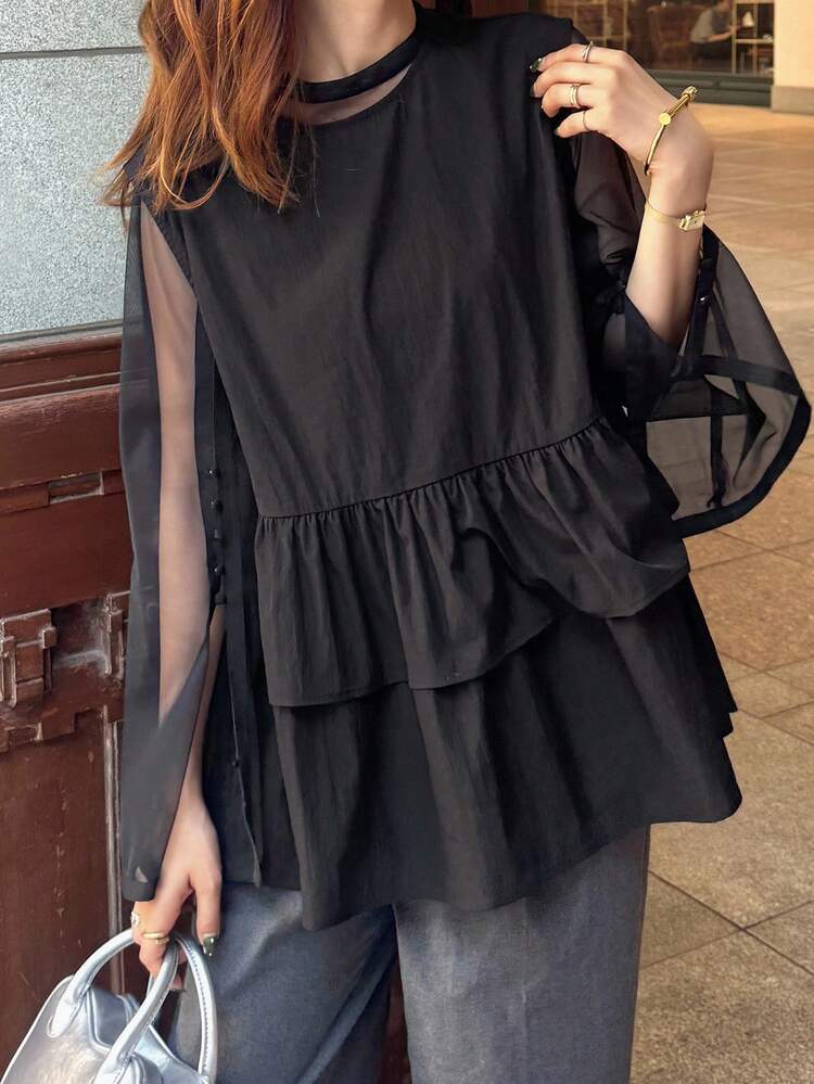 FRIFUL Women's Loose Fit Round Neck Layered Ruffle Hem Splice Casual Blouse, Autumn - Black - View 8
