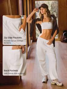 GLOWMODE SoftSerene 莫代尔丝滑透气防夹袖口宽松撞色侧条纹运动裤，配有侧拉链口袋，日常休闲装 - 白色 - 查看 5