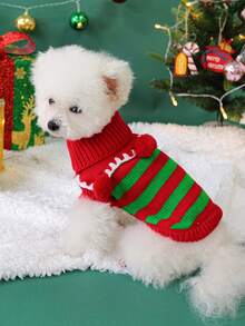 PETSIN 1 buah Sweater Natal Bergaris Merah dan Hijau untuk Hewan Peliharaan, Kucing dan Anjing Lucu Mengenakan Pakaian Hangat Musim Gugur dan Musim Dingin - Garis merah dan hijau - View 5