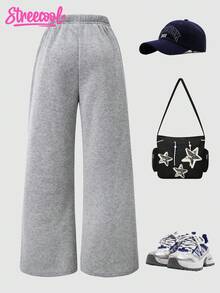 SHEIN Explorewe 少女星星数字印花休闲宽松褶皱羊毛运动裤 - 灰色 - 查看 2