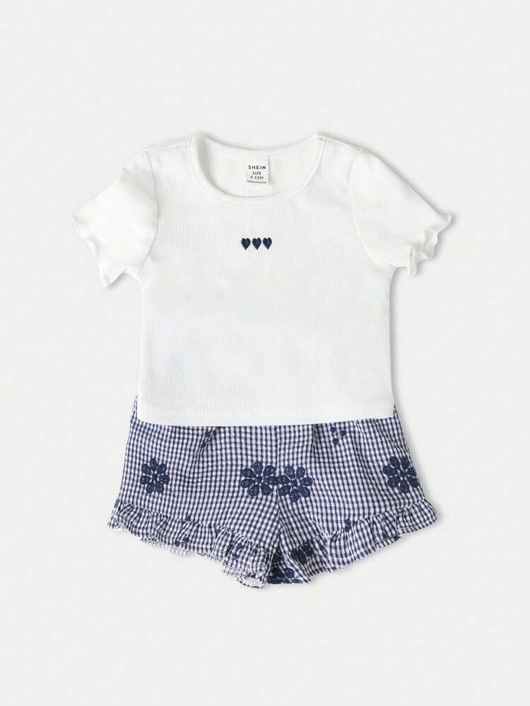 Ribbed T-Shirt With Heart Print And Gingham Ruffle Shorts