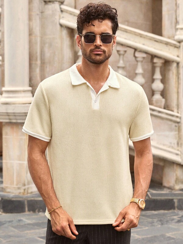 Manfinity NXTstreet Herr lapptäcksstickad pikétröja, lämplig för vardagsbruk Herrstickad pikétröja Stickad pikétröja Herr Sommarpikétröja Krämfärgad pikétröja Herr Herrkrämfärgad topp, Gamla pengar