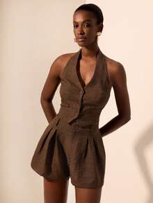 Zivah 2025 Summer New Arrival Music Festival, Birthday Party, Graduation, Student, Daily Casual, Basic Versatile, Leisure, Cruise Travel, Beach, Sunbathing, Viral , Elegant, Commute, Halter Neck, Sexy Backless, Front Button, Ruffle, Dual-Tone Bamboo Fiber, Linen, Coffee Brown Set - Coffee Brown - View 1