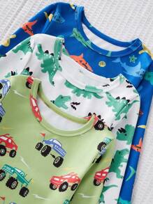 SHEIN Playful Pals 6pcs Young Boy Pajama Set, Featuring Dinosaur, Car, Whale Prints In Multicolor, Snug Fit Long Pants & Long Sleeve Top Combination, Soft & Comfortable Knit Fabric, Minimal Design For Easy Matching, Suitable For All Seasons (3 Sets Sold Separately)