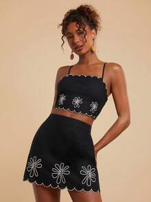 Travachic Conjunto de 2 piezas de top de camisola con dobladillo curvo y bordado floral, y minifalda - Negro - Ver 4