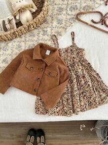 LMoss Kids Conjunto de 2 piezas de ropa de niña bebé con camisa corta casual de unicolor tejida y vestido camisero con estampado floral ditsy para otoño e invierno - Multicolor - Ver 8