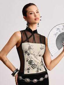 ROMWE Avant Chinese Neo-Traditional Style Beaded Embroidery Sheer Back Top For Women - Black - View 9