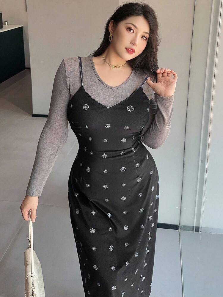 Dazy Plus Plus Size Women Velvet Floral Print Spaghetti Strap Maxi Dress, Versatile Layering Elegant Party Gown, Autumn