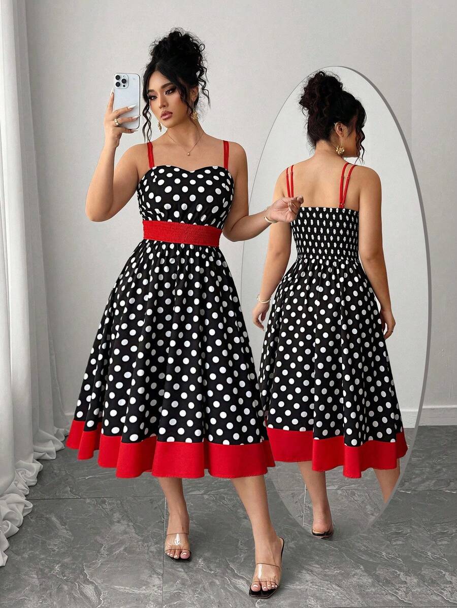 Elenzga Kooky Elegance 系列条纹和波尔卡圆点细节（星期三美学）黑暗学院风别致星期三灵感外观万圣节大码女式休闲时尚束腰吊带连衣裙拥抱你内心的阴影黑暗女性时尚（星期三美学） - 彩色 - 查看 1