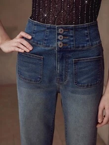 MOTF PREMIUM WOMEN'S VINTAGE HIGH WAIST WASHED FLARE LEG JEANS, AUTUMN - Blue - View 2