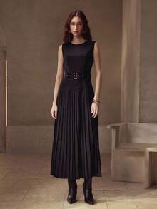 MOTF PREMIUM WOMEN'S PLEATED PATCHWORK ELEGANT DRESS - Black - View 3