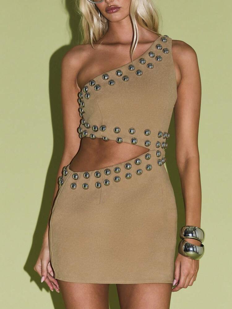 KIZN Studded Suede One Shoulder Mini Dress With Cutouts