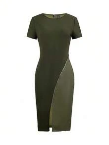 Ellevyn Elegant Women's Black Short Sleeved Patchwork PU Leather In Winter Zip Up Split Thigh Bodycon Dress - Army Green - View 5