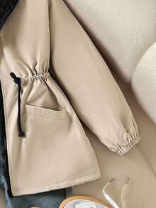 SHEIN Tween Girl Loose Casual Minimalist Comfortable Hooded Cinched Waist Contrast Zipper Decor Fleece Jacket, Autumn/Winter Fall - Khaki - View 5