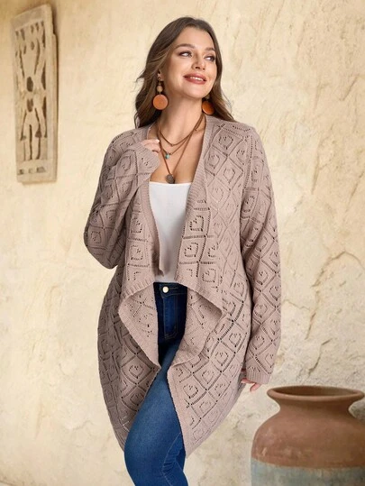 EMERY ROSE Cárdigan casual delgado de manga larga con abertura frontal y diseño calado, de unicolor, para mujer de talla grande, otoño