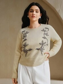 Anewsta Embroidered Knit Pullover Sweater,Sage Green,Autumn,Elegant,Wedding Guest,Chic Winter New Year Christmas Work Graduation Wedding Formal Party Sweater - Apricot - View 2