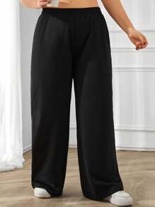EURMUSE Plus Size Women Solid Color Low Waist Wide Leg Pants - Black - View 4