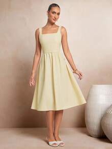 L'Amorae 女士方领德比复活节中长连衣裙，修身喇叭形 - 黃色 - 查看 3