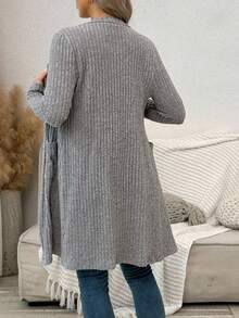 SHEIN Maternity Solid Color Long Sleeve Single-Breasted Ribbed Dual Pocket Casual Thin Jacket - Grey - View 2