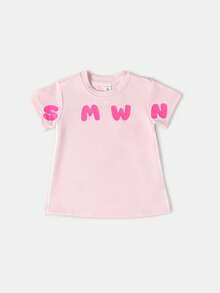SUMWON 儿童超大夏季T恤连衣裙粉色图案字母印花玩耍休闲迷你连衣裙春季时尚舒适服装 - 粉色 - 查看 5
