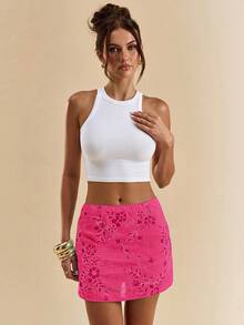 SHEIN BAE Váy Mini Đính Hạt & Thêu Cho Nữ, Dành Cho Kỳ Nghỉ Hè - Màu Hồng Tươi - Xem 4