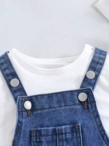 SHEIN 女婴可爱宽松蓝色牛仔背带裤秋冬装，街头酷炫风格牛仔服 - 深色水洗藍 - 查看 4