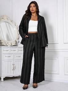 SHEIN Clasi بدلة رياضية مكونة من بليزر مزدوج الصدر مخطط وبنطال فضفاض واسع الساق مقاس كبير - الأسود - مشاهدة 9
