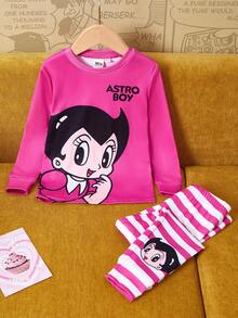 Astro Boy X SHEIN 2 peças/Conjunto Camiseta de Manga Longa com Gola Redonda e Estampa Fofa de Menina Cartoon & Letra e Legging Listrada, Pijama Casual e Confortável, Primavera/Outono