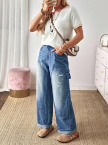 EMERY ROSE 女式休闲水洗做旧直筒牛仔裤 - 藍色 - 查看 5