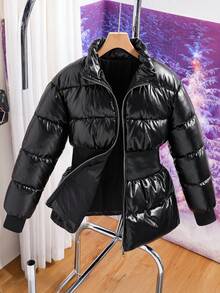 SHEIN Girls' Oversized Stand Collar Ribbed Waist Padded Coat, Suitable For Daily Commute And Gatherings, Winter - Black - View 5