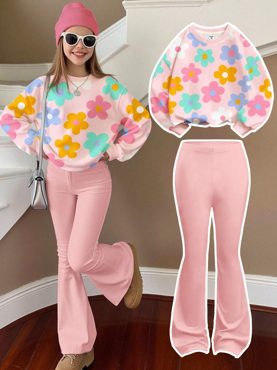 SHEIN 柔和的淡粉色，可爱甜美的多巴胺花朵图案，青春期女孩休闲宽松圆领运动衫和喇叭裤套装，适合秋冬季，秋季服装，轻松舒适，适合青春期女孩的秋季分层服装，时尚青春期女孩，休闲装，青春期女孩图案服装，返校，秋季服装 - 彩色 - 查看 1